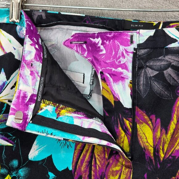 Worthington Slim Fit Cropped Pants 22W Black Colorful Floral Work Dressy Cotton - Picture 5 of 11